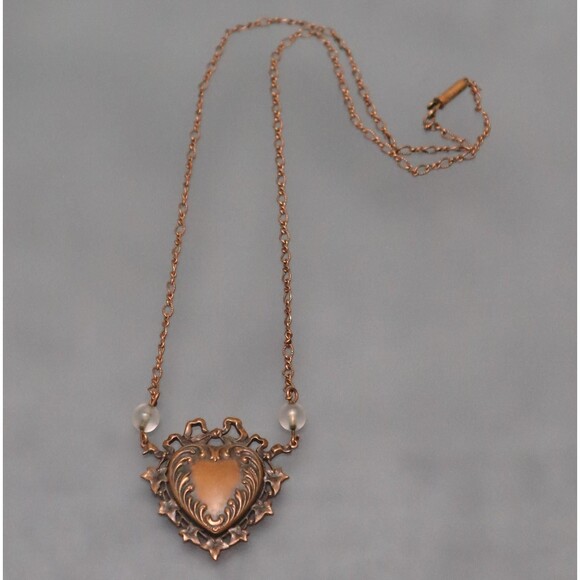 Pididdly Links Victorian Heart Necklace Copper Tone Glass Beads - Picture 2 of 5